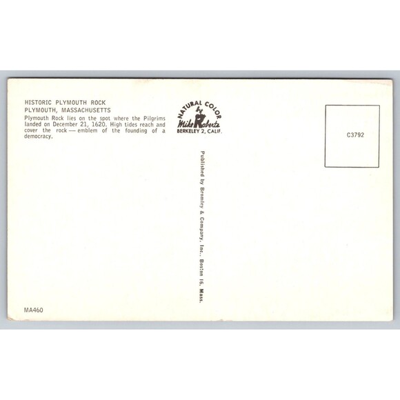 PostcardMassachusetts Plymouth Historic Plymouth Rock Pilgrim's Vintage c1950s - Picture 2 of 2